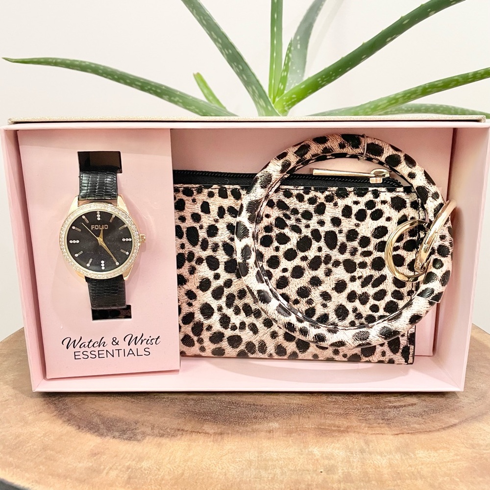 black and gold cheetah print watch and wrist essentials gift box set